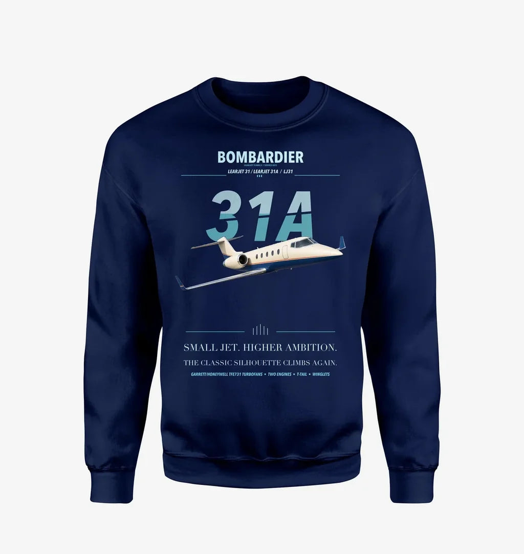 Bombardier Learjet 31A design on navy blue sweatshirt