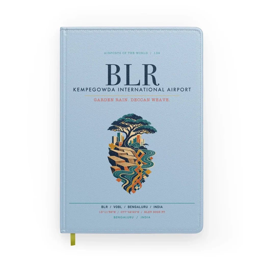 Kempegowda International Airport Bengaluru (BLR) design on light blue notebook