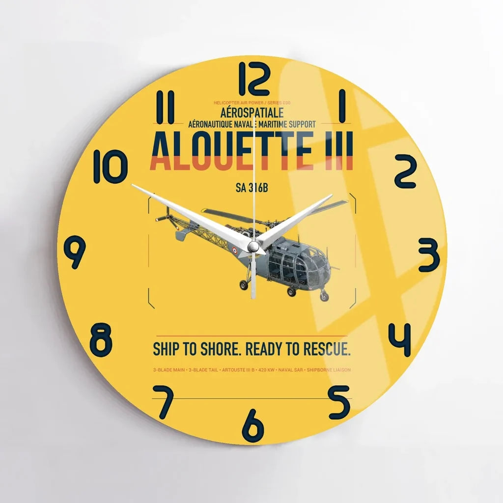 Aérospatiale SA 316B Alouette III design on yellow no frame wall clock