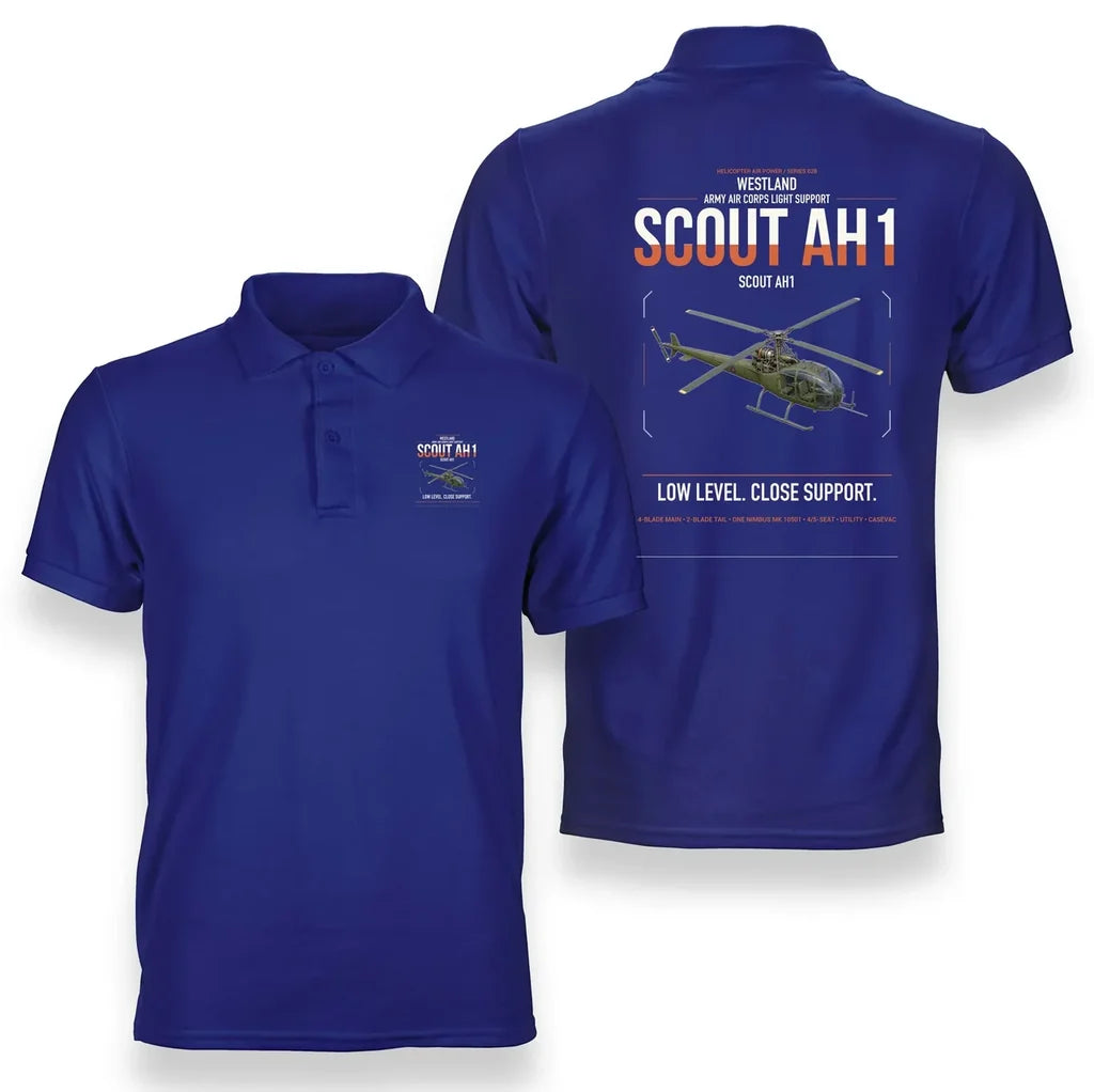 Westland Scout AH1 design on blue double-side polo t-shirt, double-side print