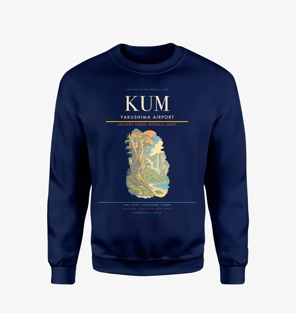 Yakushima Airport (KUM) design on navy blue sweatshirt