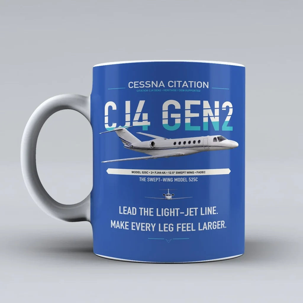 Cessna Citation CJ4 Gen2 design on blue ceramic mug, double-side print