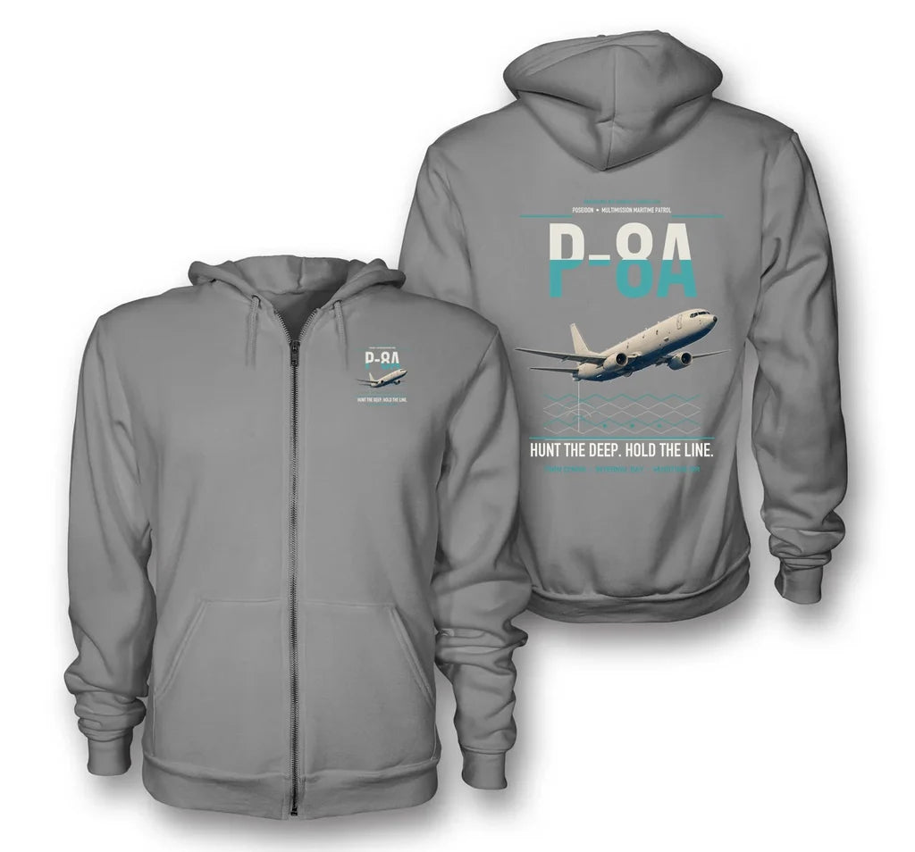 P-8A Poseidon design on gray premium zipped hoodie, double-side print
