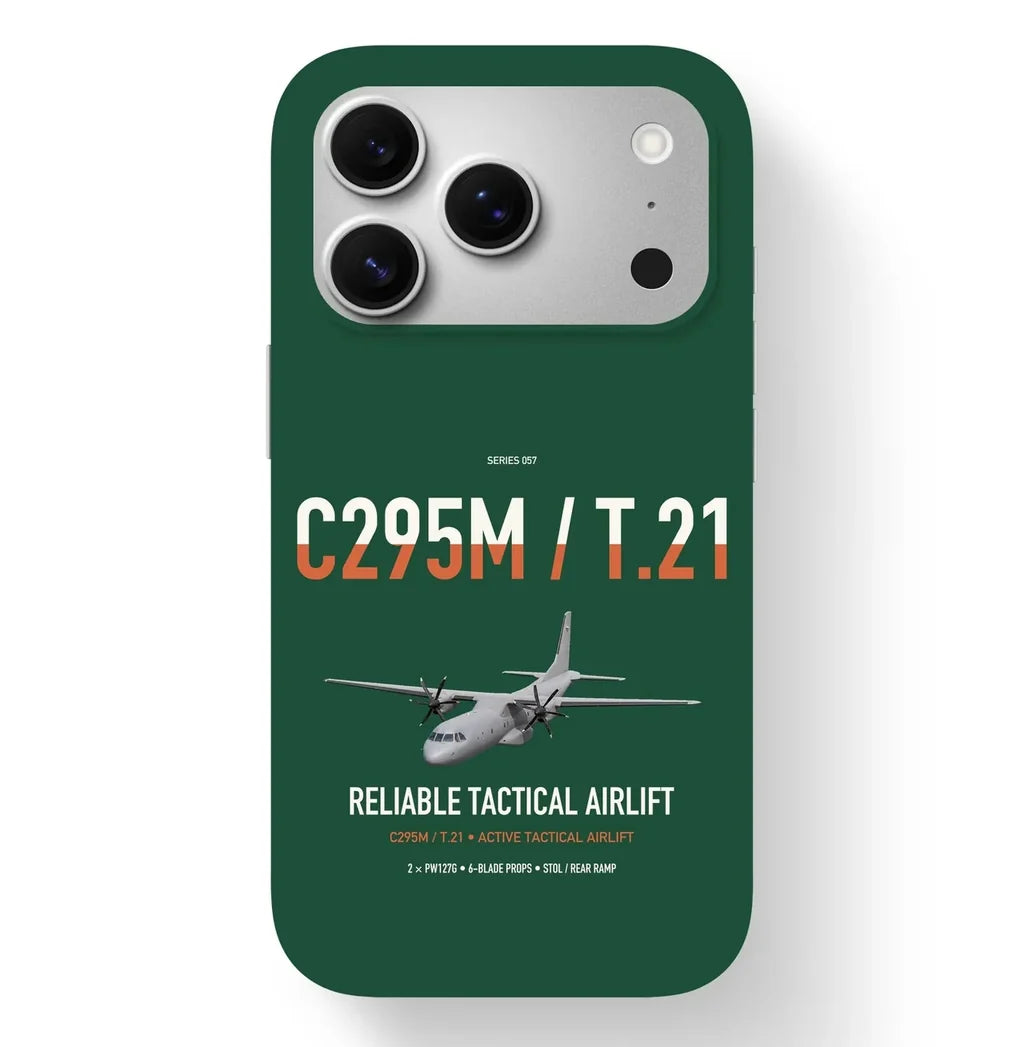 Airbus C295M T.21 design on dark green magsafe iphone case, for iPhone 17 Pro