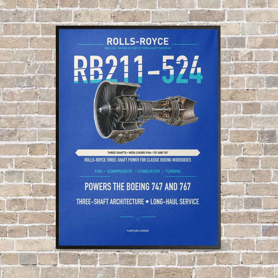 RB211-524 vertical canvas print - framed - blue background