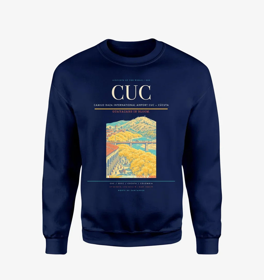Camilo Daza International Airport (CUC) design on navy blue sweatshirt