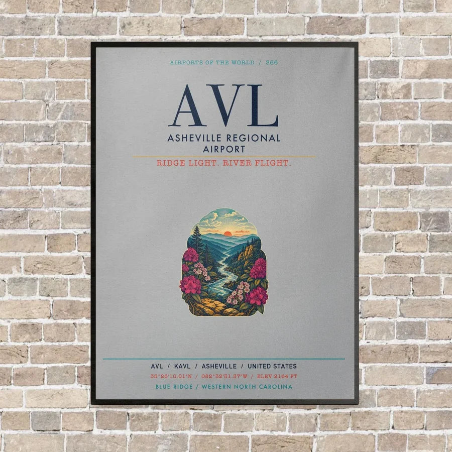 Asheville Regional Airport AVL vertical canvas print - framed - light gray background