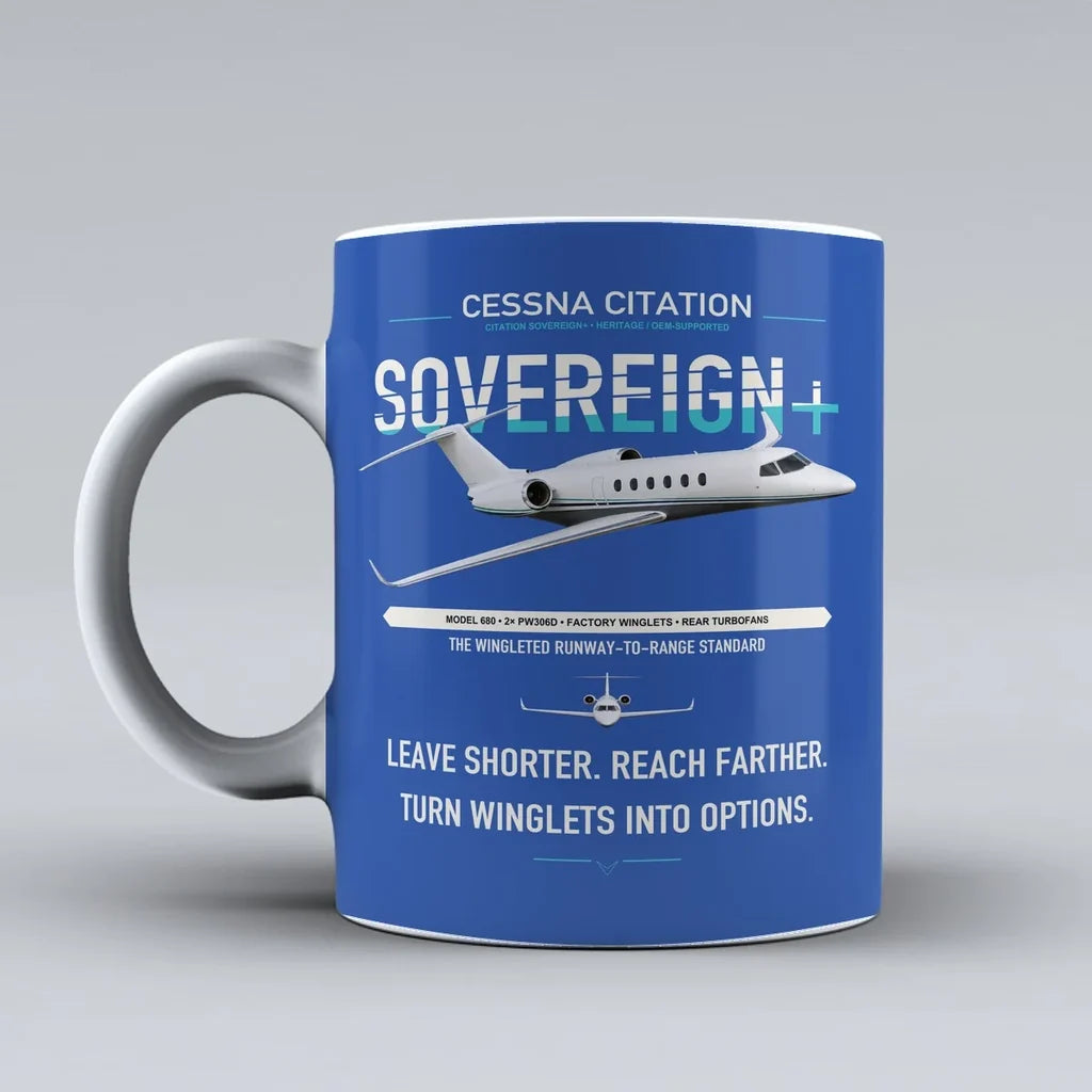 Cessna Citation Sovereign+ design on blue ceramic mug, double-side print