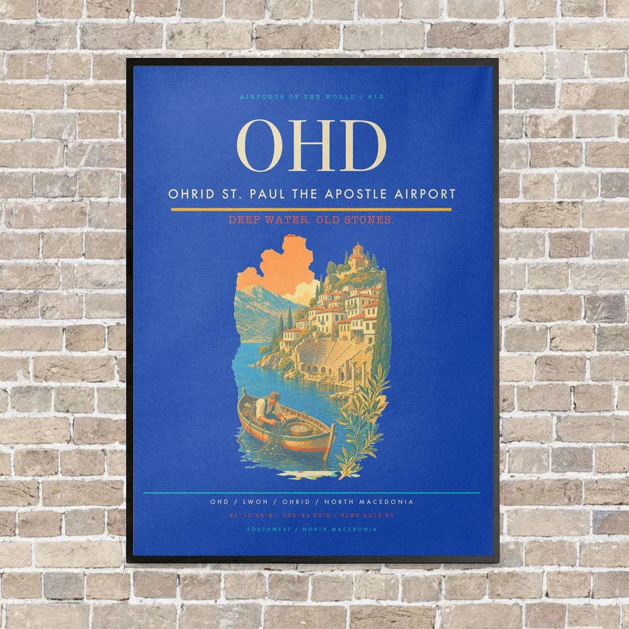 Ohrid St. Paul the Apostle Airport OHD vertical canvas print - framed - blue background