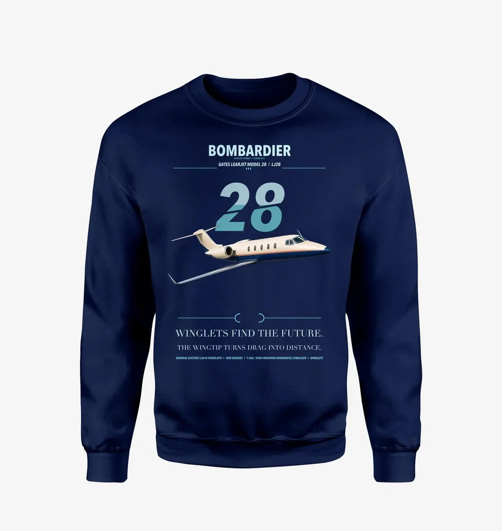 Bombardier Learjet 28 design on navy blue sweatshirt