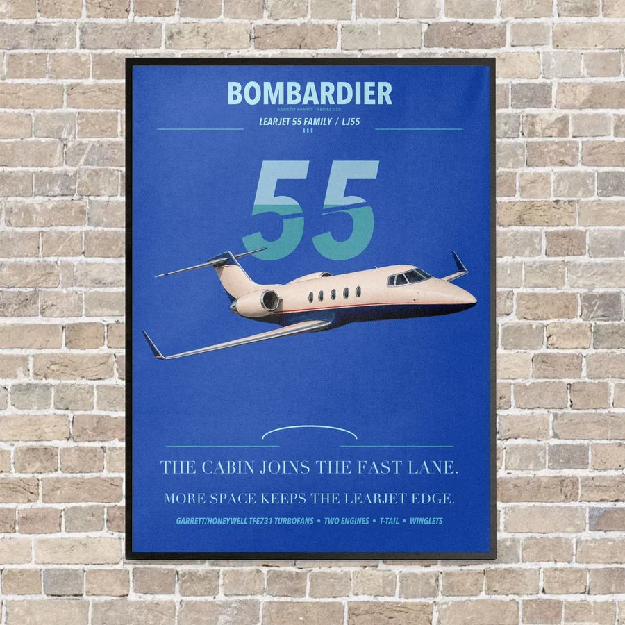Bombardier Learjet 55 vertical canvas print - framed - blue background