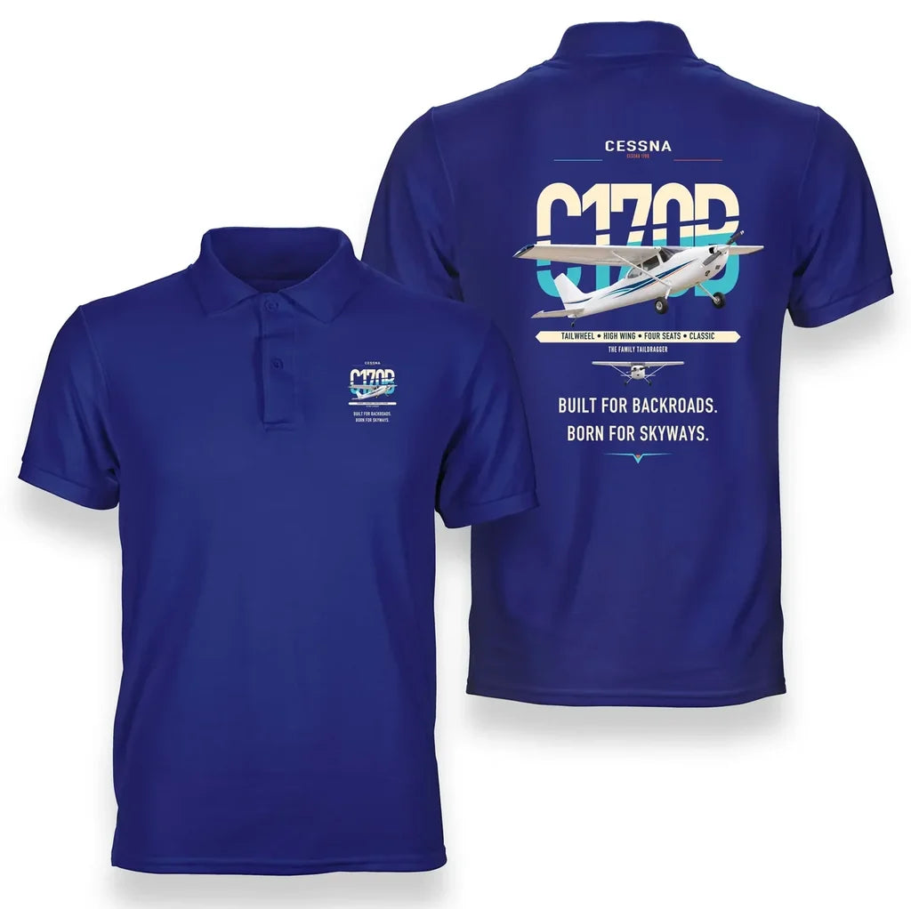 Cessna 170B design on blue double-side polo t-shirt, double-side print
