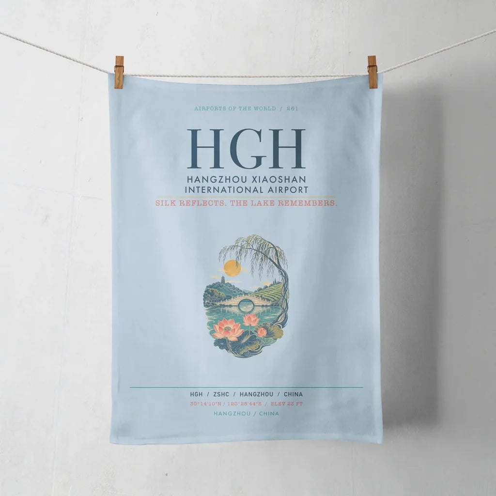 Hangzhou Xiaoshan International Airport (HGH) design on light blue towel