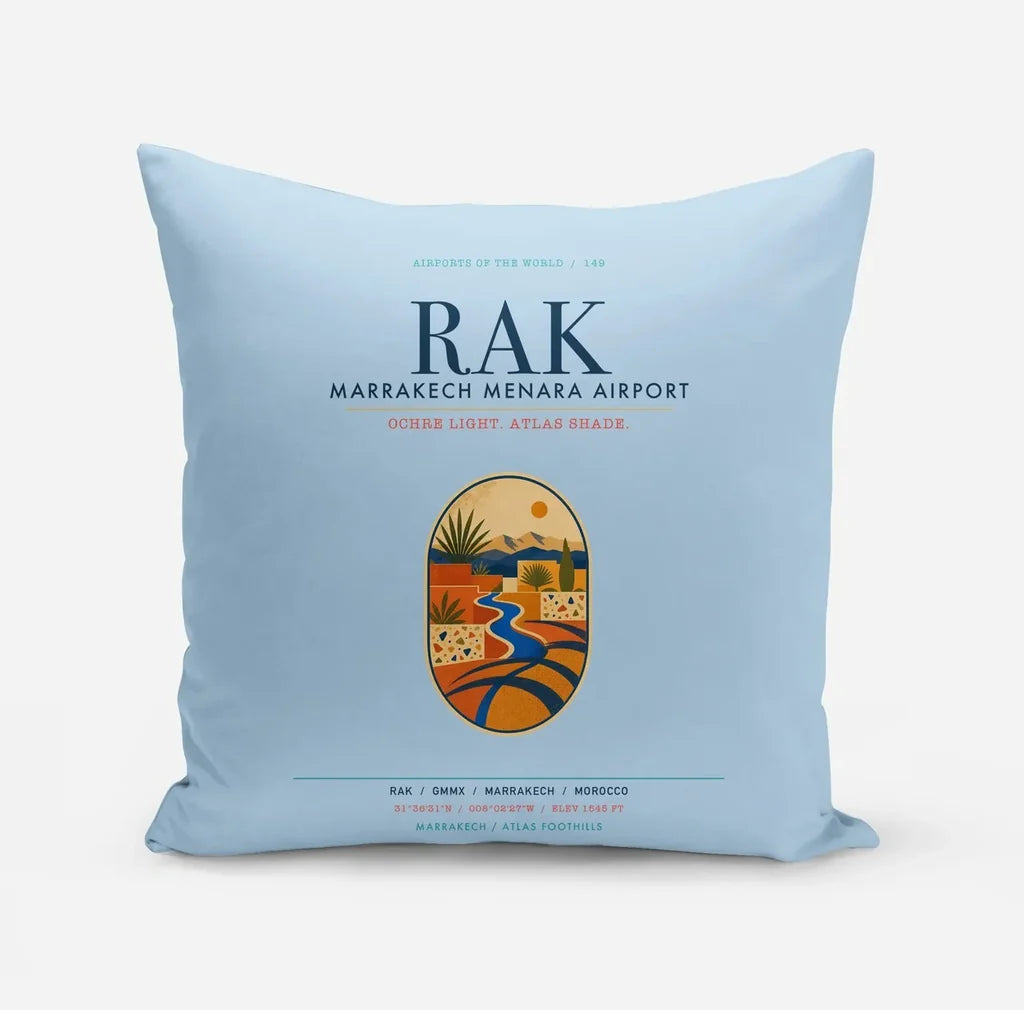 Marrakech Menara Airport (RAK) design on light blue pillow