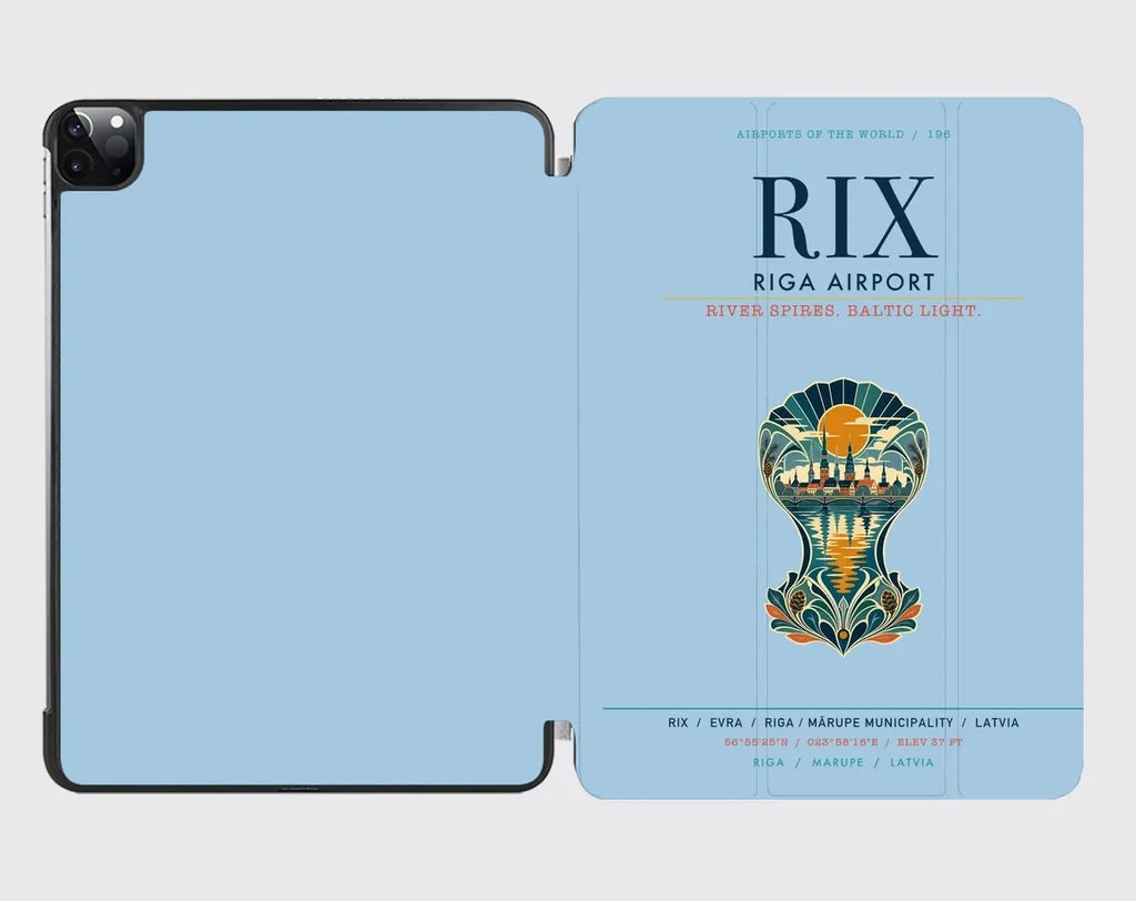 Riga Airport (RIX) design on light blue ipad tablet case