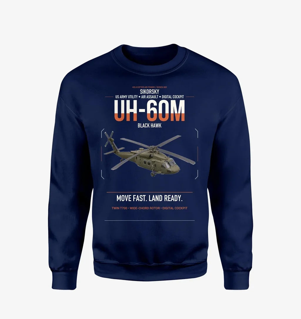 Sikorsky UH-60M Black Hawk design on navy blue sweatshirt