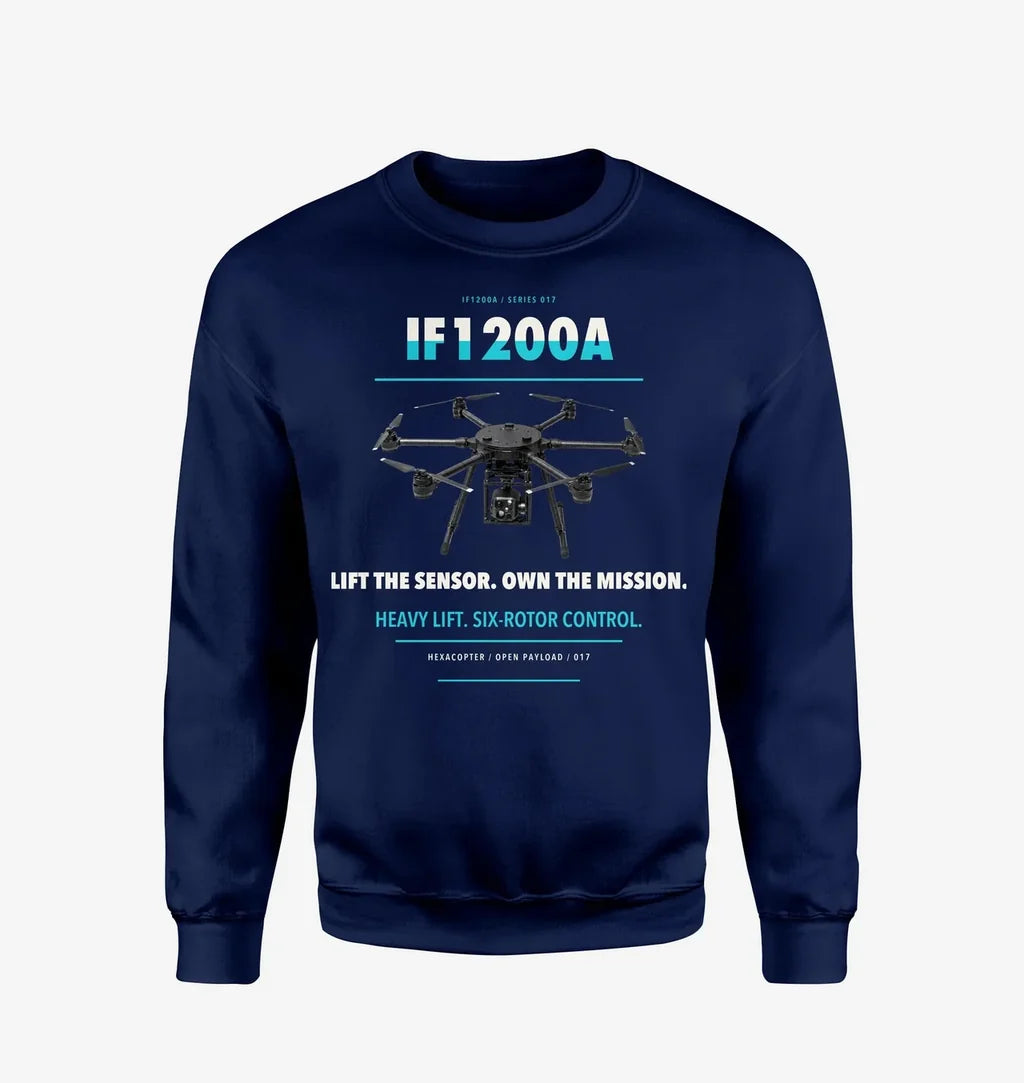 Inspired Flight IF1200A design on navy blue sweatshirt