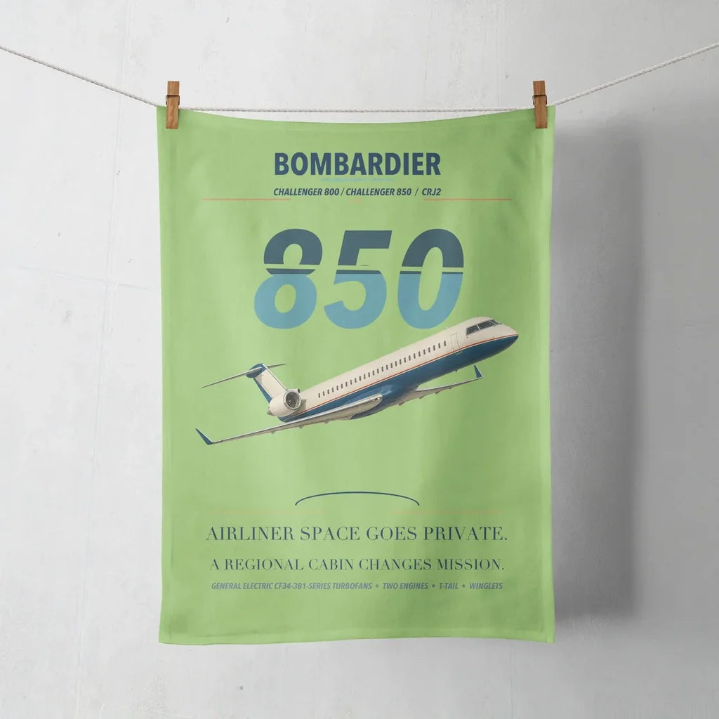 Bombardier Challenger 850 design on light green towel