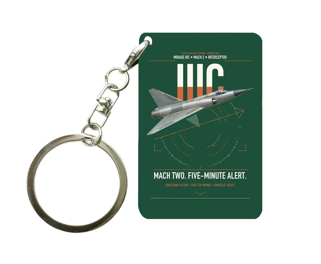 Dassault Mirage IIIC design on dark green designed key chain, double-side print