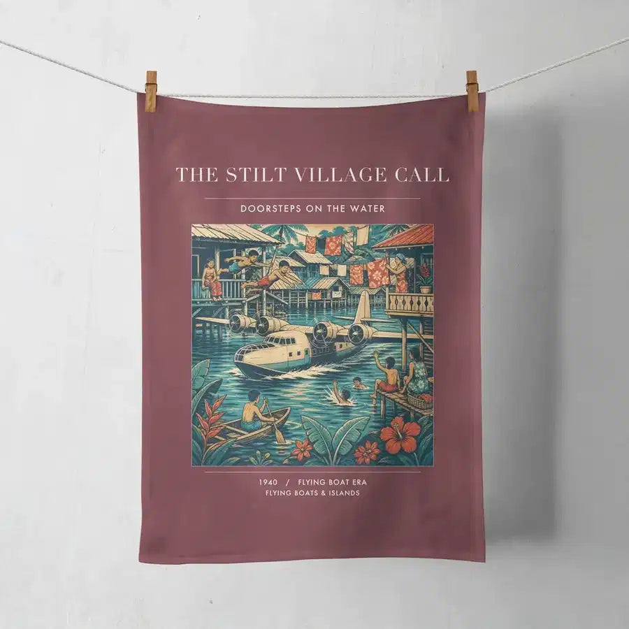 VINTAGE G4275 - The Stilt Village Call - Designed Towels design on darkred