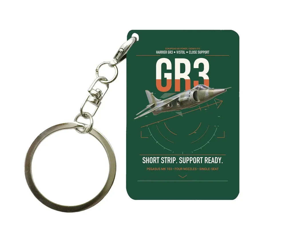 Hawker Siddeley Harrier GR3 design on dark green designed key chain, double-side print