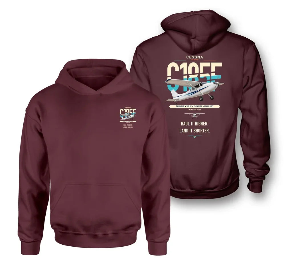 Cessna A185F Skywagon design on dark red double-side hoodie, double-side print