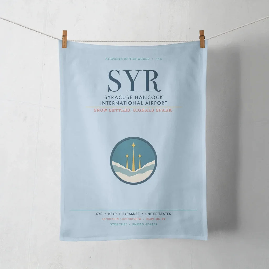 Syracuse Hancock International Airport (SYR) design on light blue towel