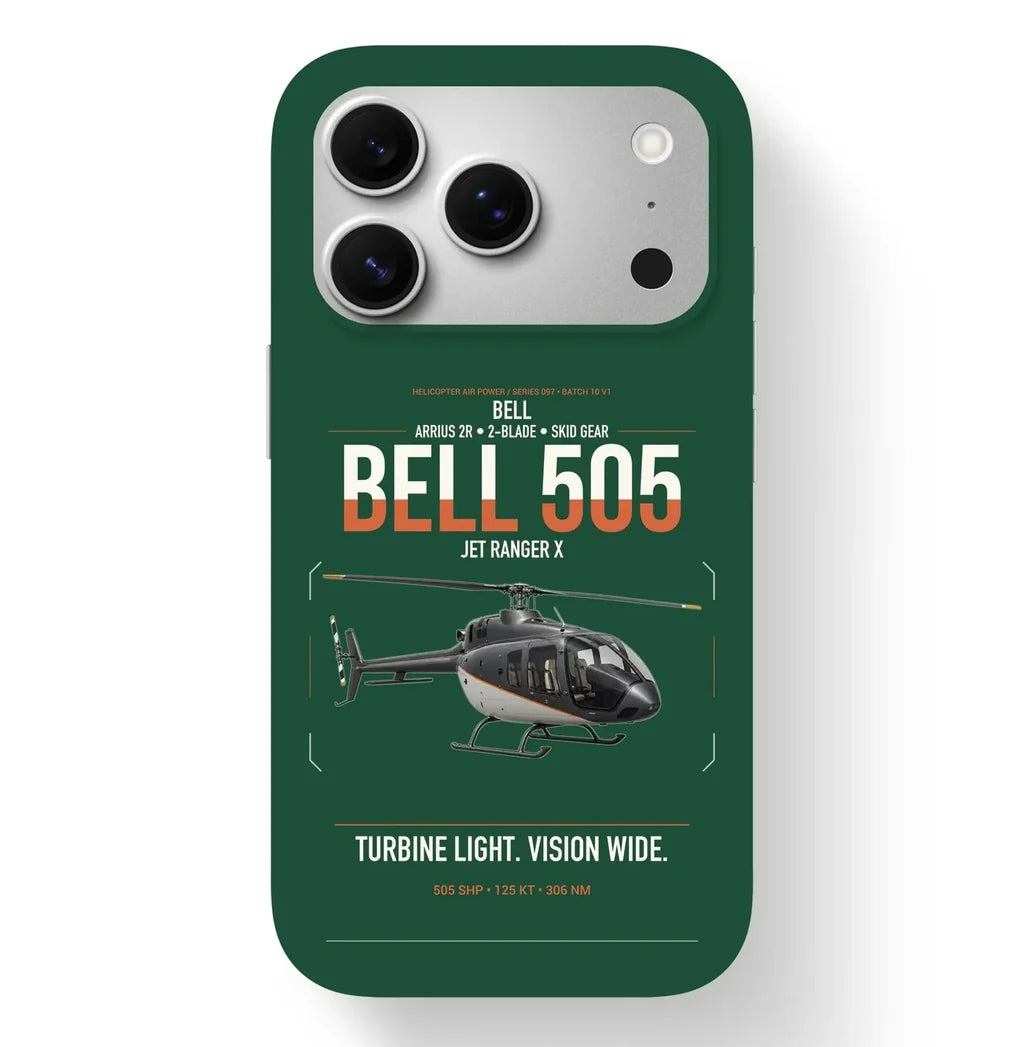 Bell 505 Jet Ranger X design on dark green magsafe iphone case, for iPhone 17 Pro