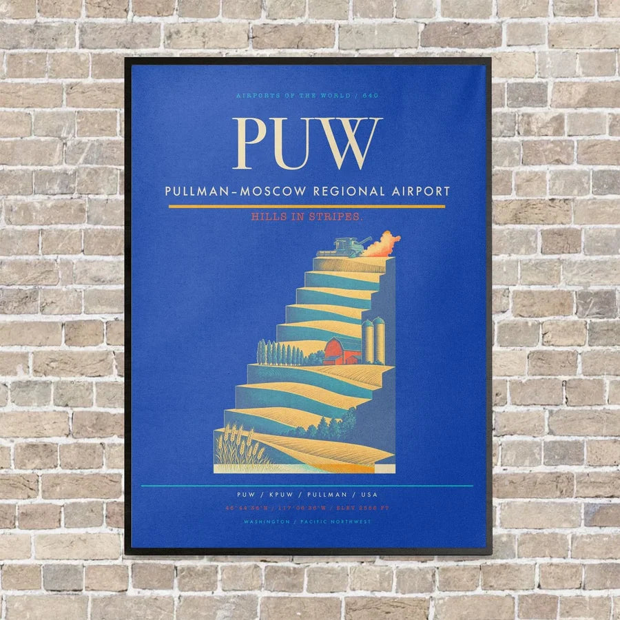 Pullman–Moscow Regional Airport PUW vertical canvas print - framed - blue background