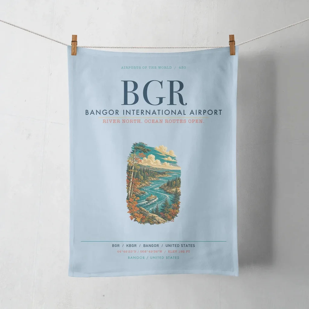 Bangor International Airport (BGR) design on light blue towel