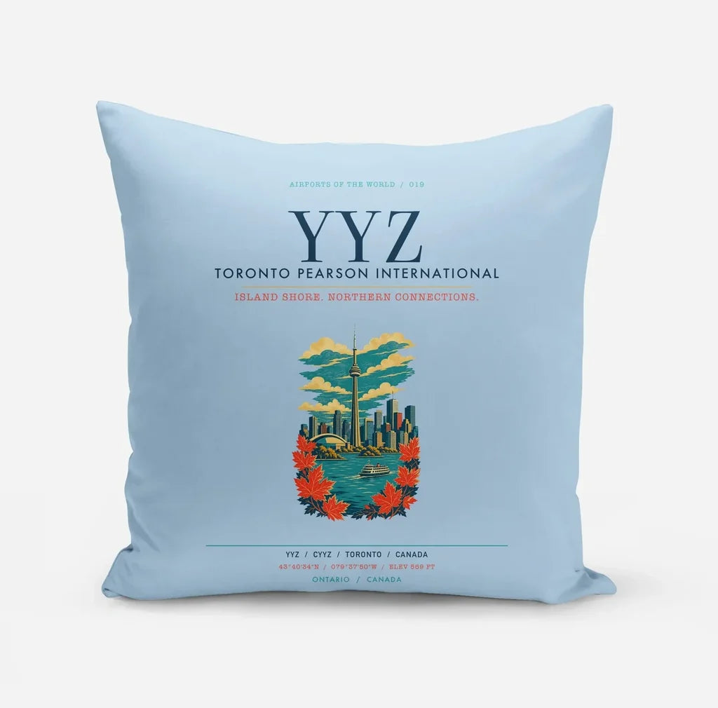 Toronto Pearson International Airport (YYZ) design on light blue pillow