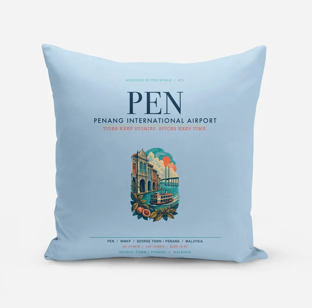 Penang International Airport (PEN) design on light blue pillow
