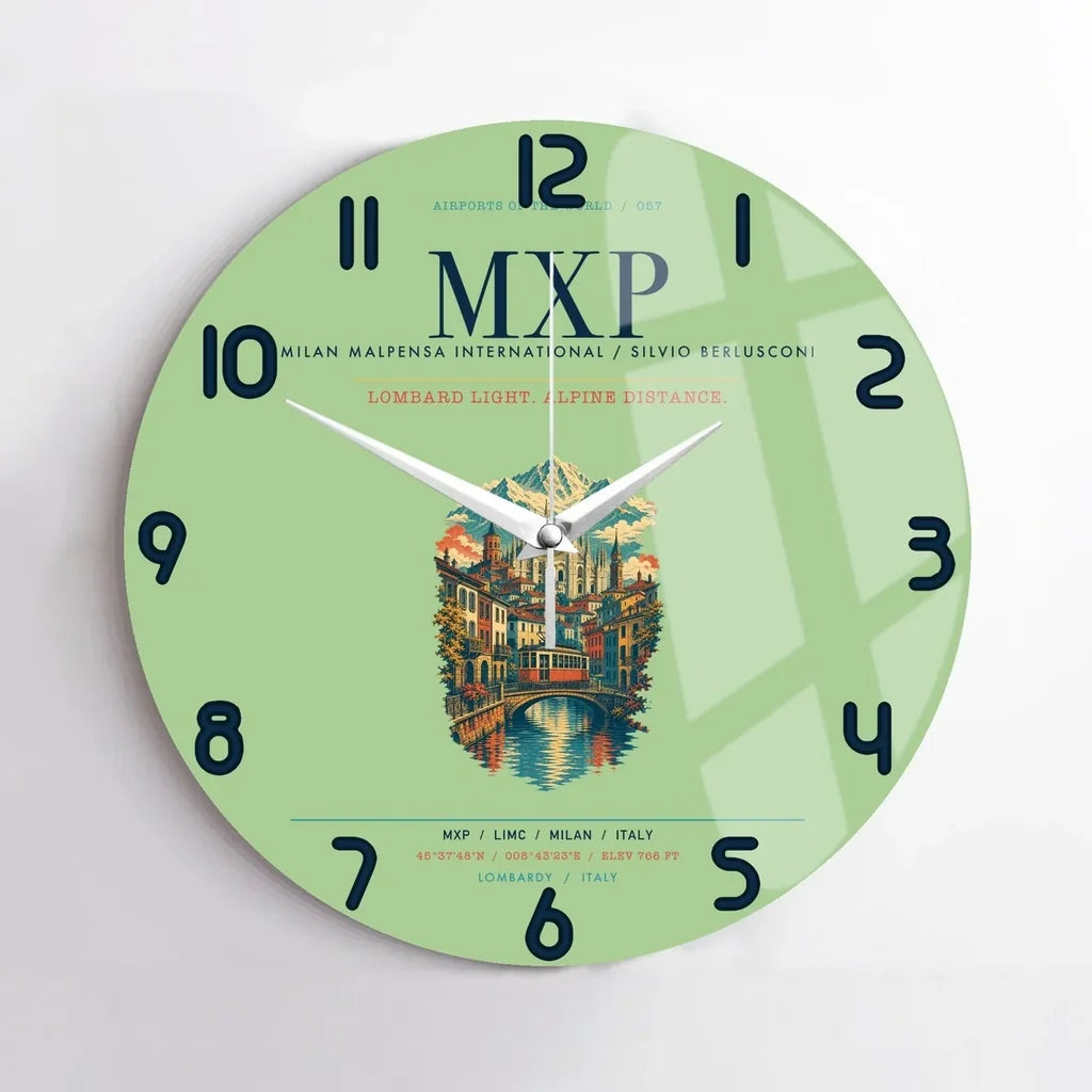 Milan Malpensa International Airport Silvio Berlusconi (MXP) design on light green no frame wall clock