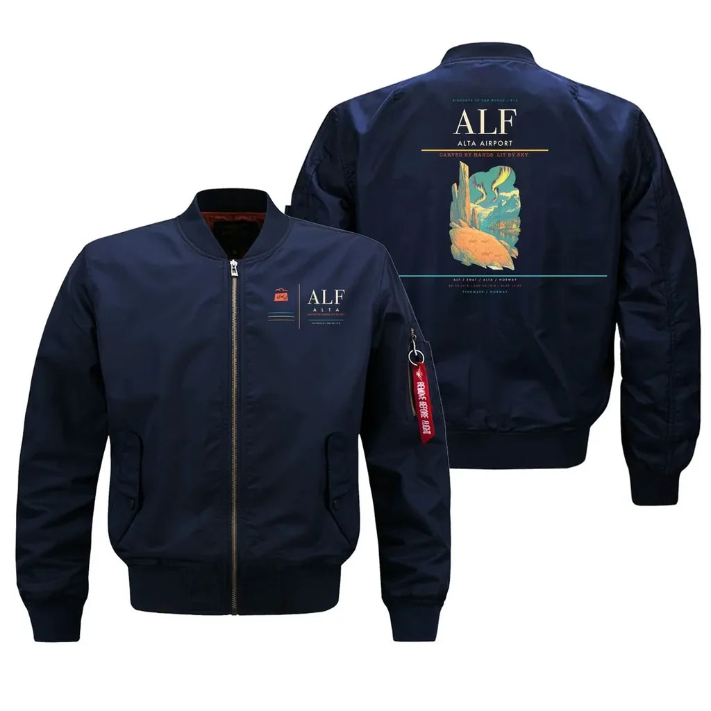 Alta Airport (ALF) design on blue bomber jacket