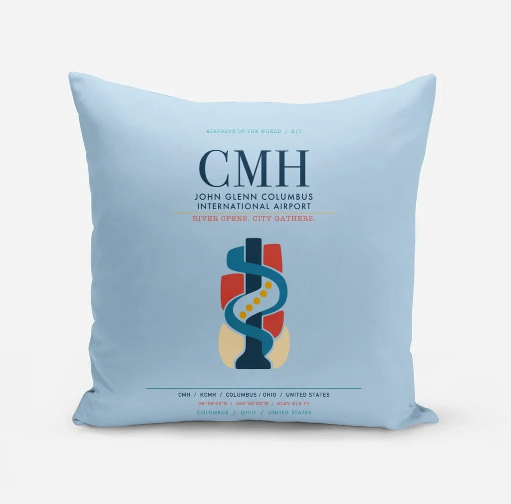 John Glenn Columbus International Airport (CMH) design on light blue pillow