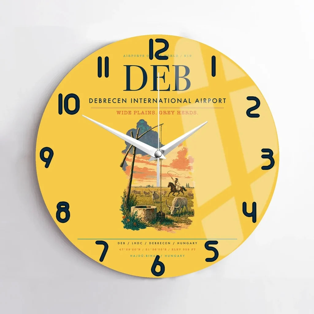 Debrecen International Airport (DEB) design on yellow no frame wall clock