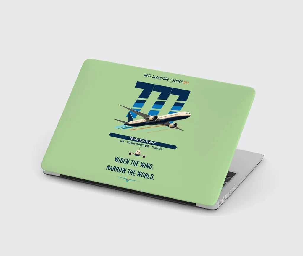 Boeing 777-9 design on light green MacBook case