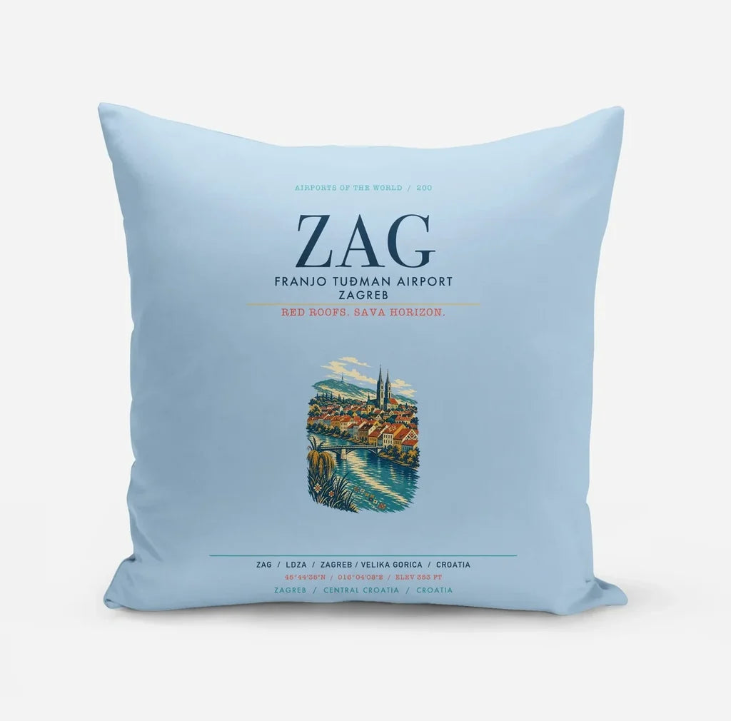Franjo Tuđman Airport Zagreb (ZAG) design on light blue pillow
