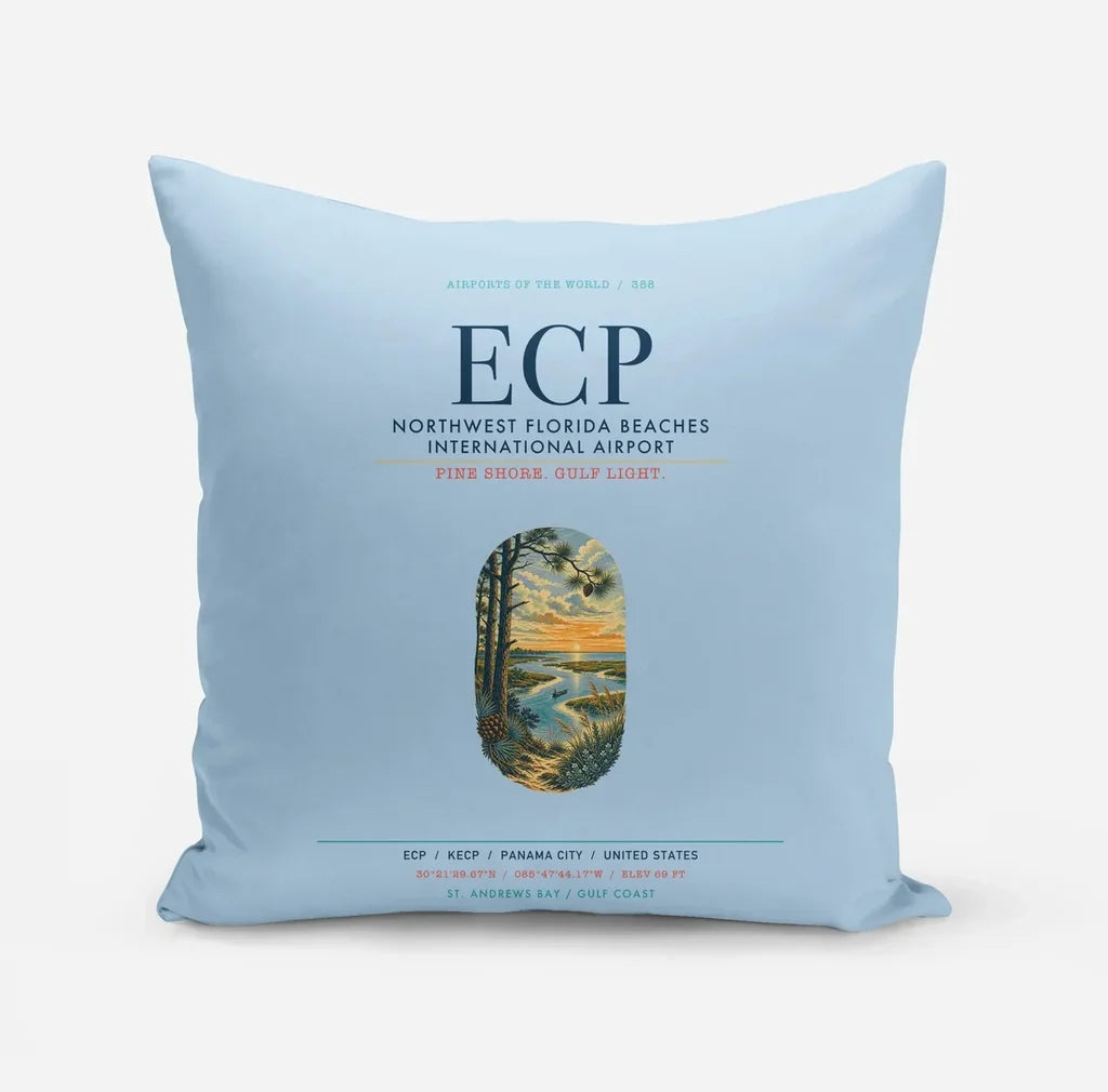 Northwest Florida Beaches International Airport (ECP) design on light blue pillow