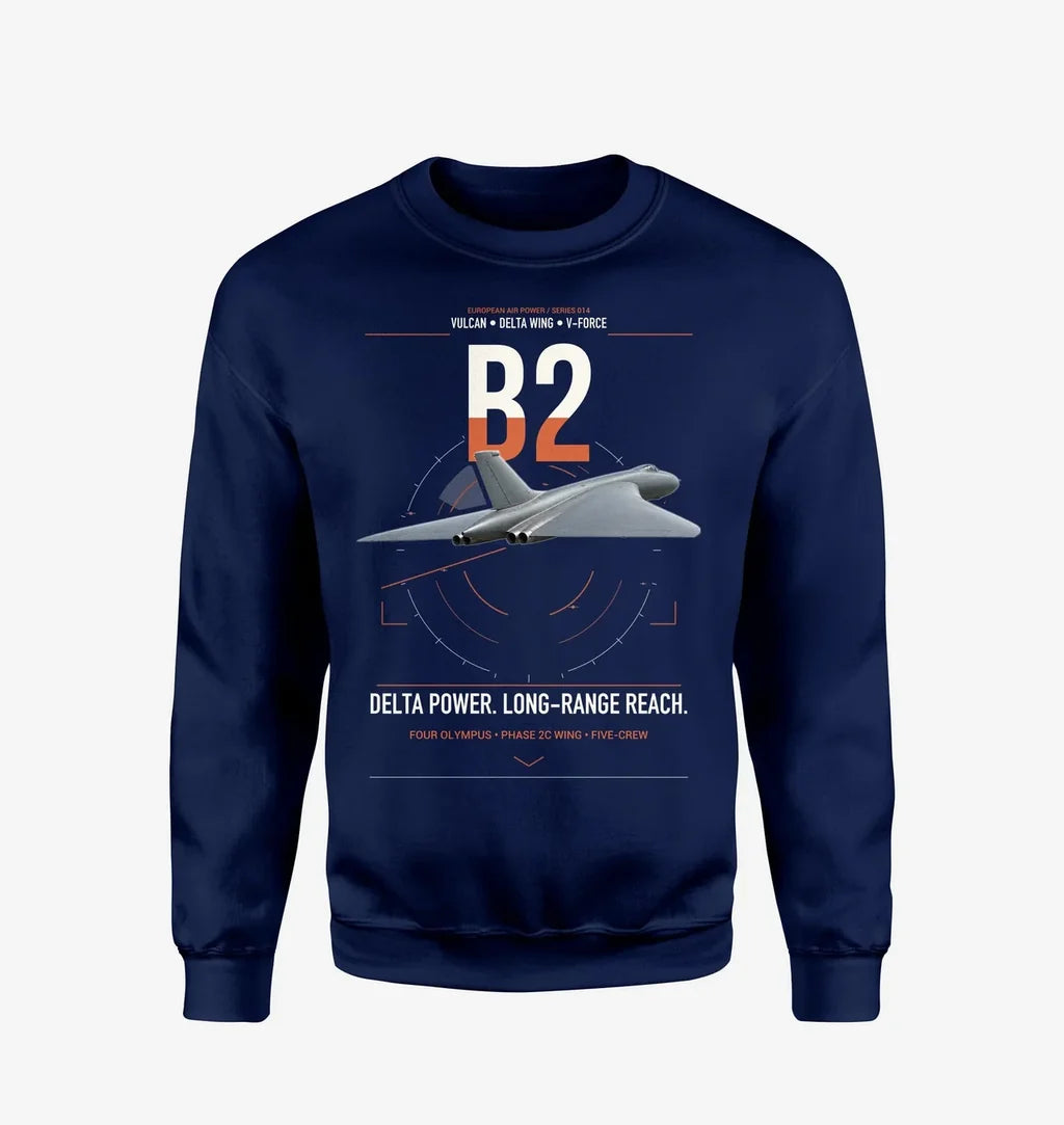 Avro Vulcan B2 design on navy blue sweatshirt