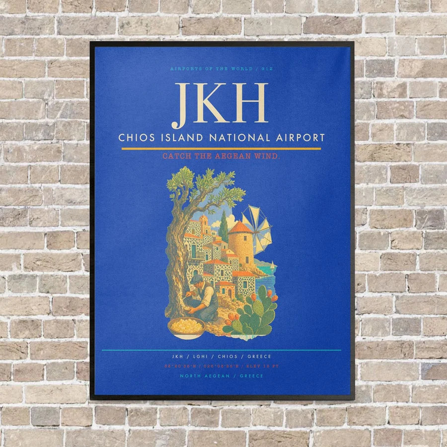 Chios Island National Airport JKH vertical canvas print - framed - blue background