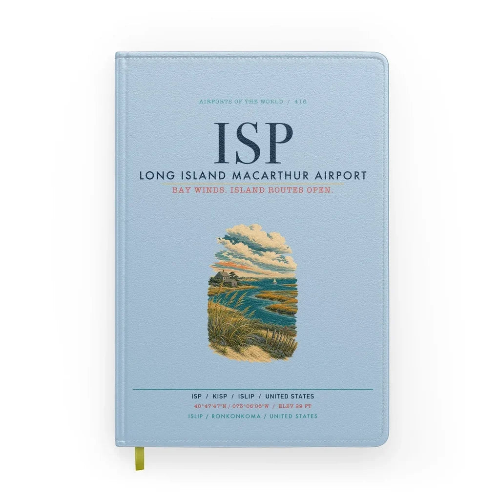 Long Island MacArthur Airport (ISP) design on light blue notebook