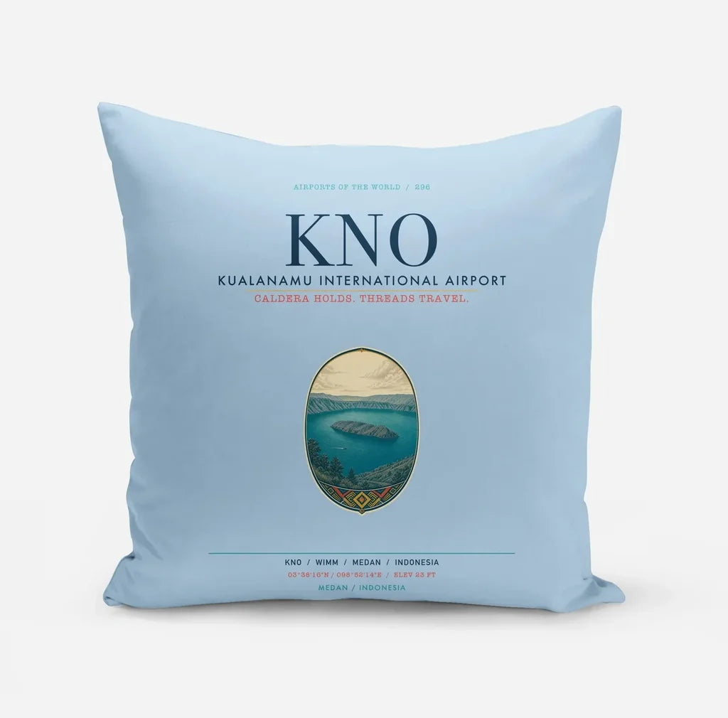 Kualanamu International Airport Medan (KNO) design on light blue pillow