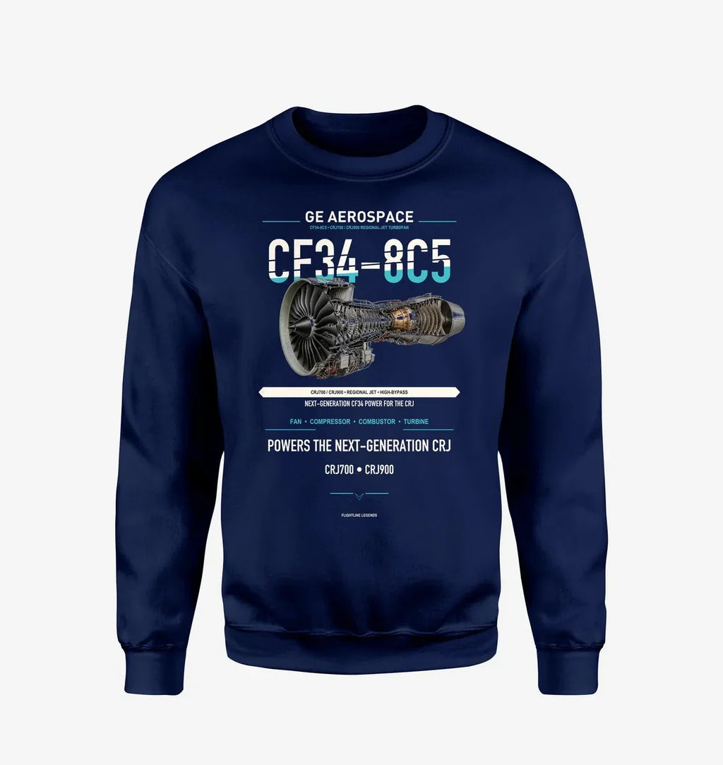 CF34-8C5 design on navy blue sweatshirt