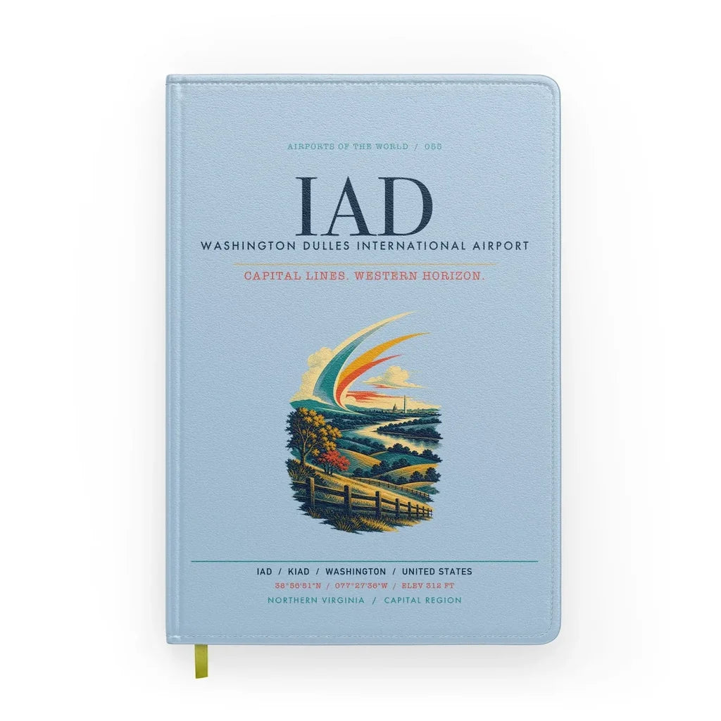 Washington Dulles International Airport (IAD) design on light blue notebook