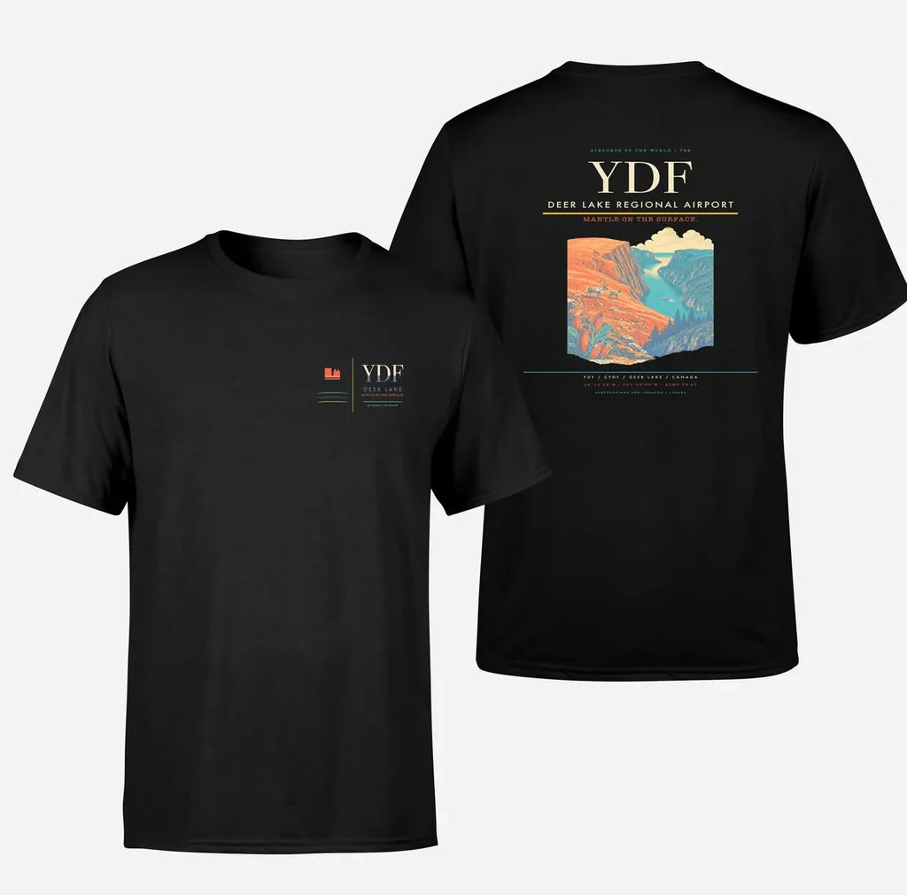Deer Lake Regional Airport (YDF) design printed on black double-side t-shirt