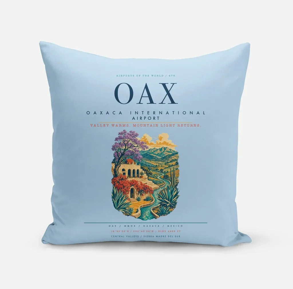 Oaxaca International Airport (OAX) design on light blue pillow