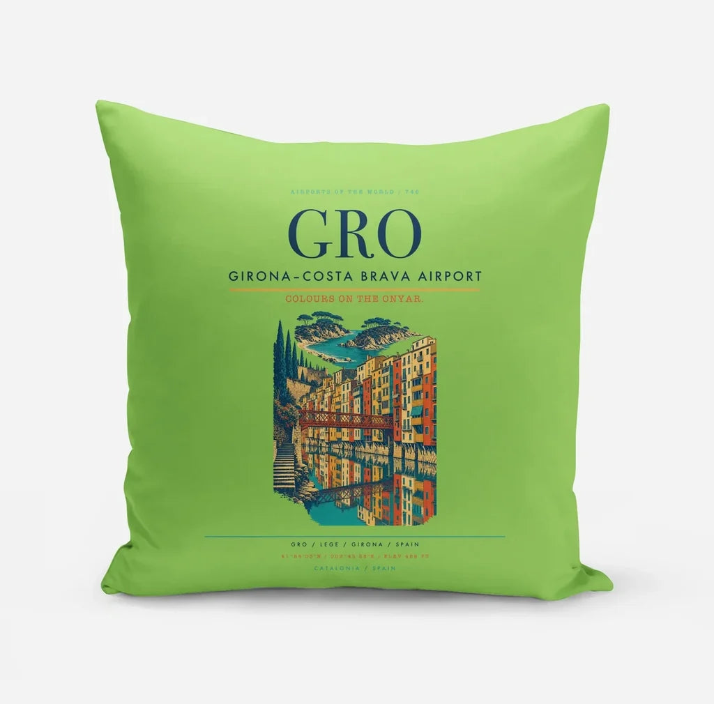 Girona–Costa Brava Airport (GRO) design on light green pillow