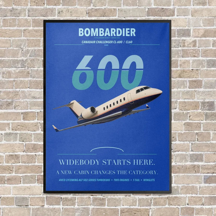 Bombardier Challenger 600 vertical canvas print - framed - blue background