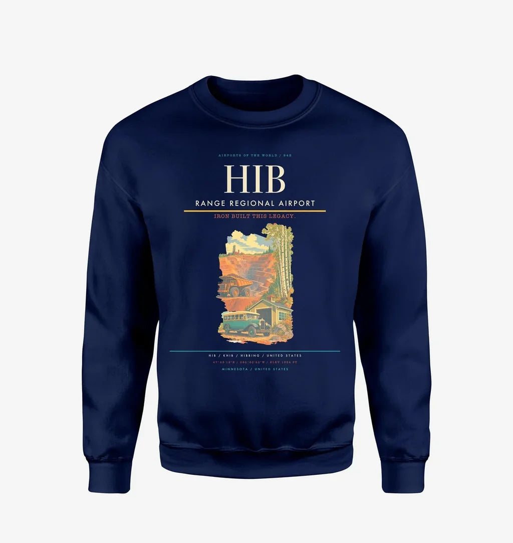 Range Regional Airport (HIB) design on navy blue sweatshirt